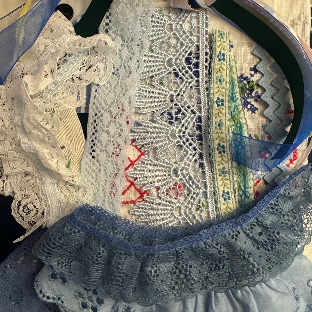 Vintage Fabric Scrap Bundle Blue Green Junk Journal Slow‎ Stitch Lace Embroidery - Picture 3 of 10
